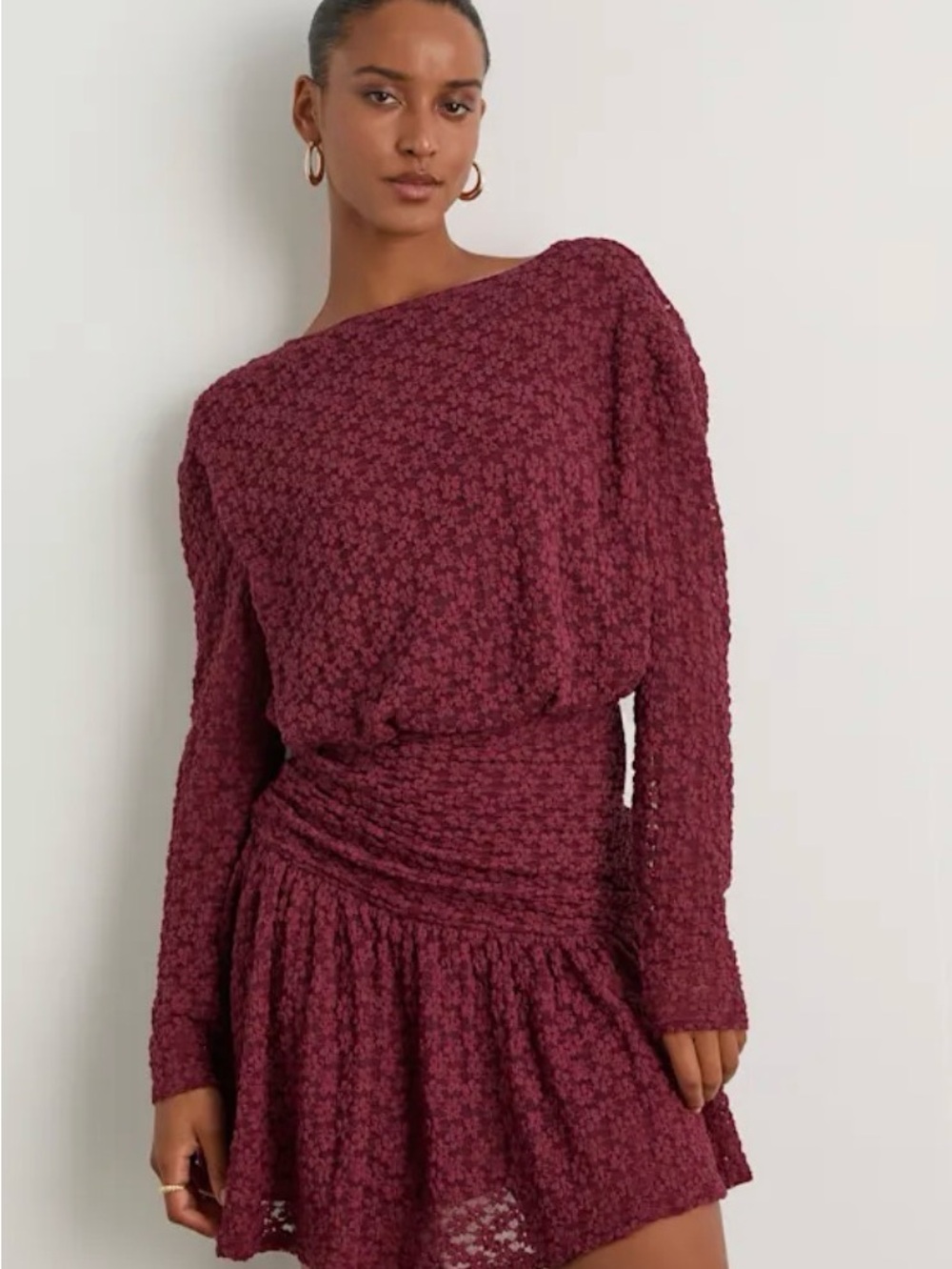 NWT Lulu's Zallie Wine Red Textured Knit Lace Long-Sleeve Mini Dress Size Medium